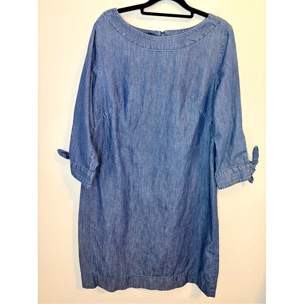 Talbots Chambray Denim Shift Dress Size 12 Tie Sleeve 100% Cotton Blue - Picture 2 of 8